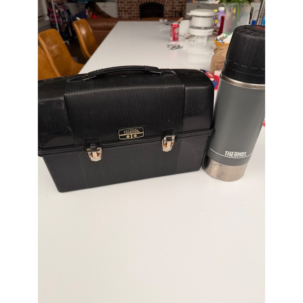 Vintage Thermos Black Dome Lunch Box with Gray Vacuum Bottle Set Mens Work Lunch